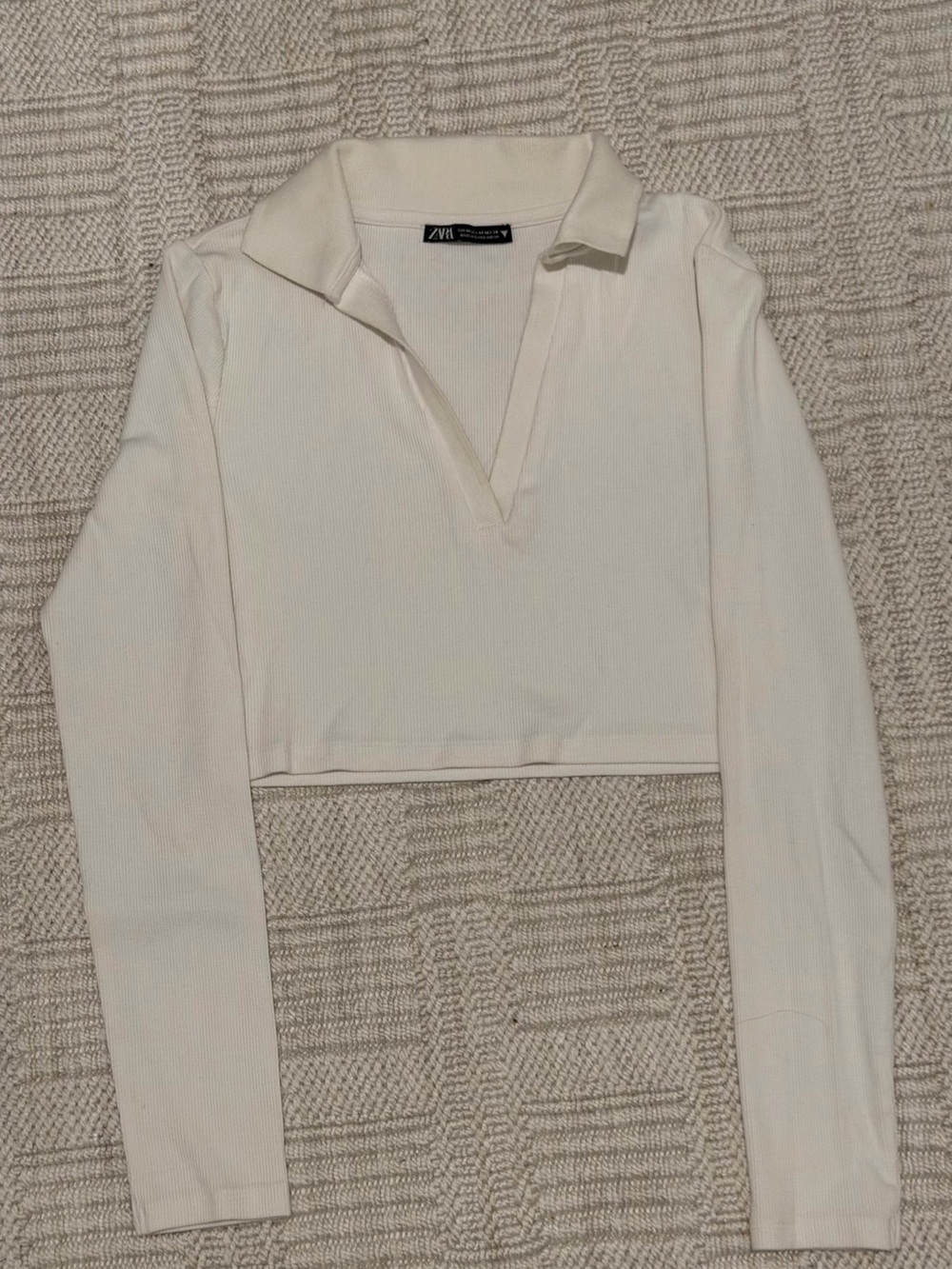 Zara Ivory Ribbed Long-Sleeve Cropped Polo Top